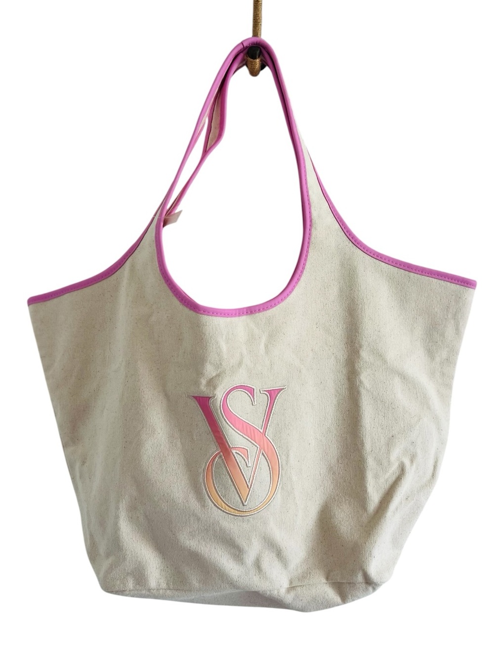 Victoria Secret Canvas Tote Bag with Pink Trim and Gradient Logo